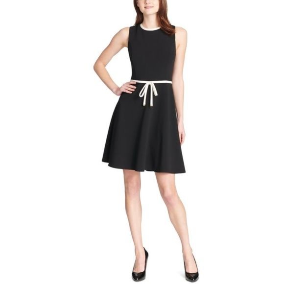 NWT Tommy Hilfiger Women's Sz 2 Tie-Waist Scuba Crepe Dress (Black & Cream) - Picture 4 of 8